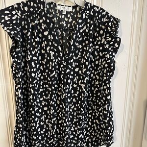 Chaus Black and White Ruffled Cap Sleeve Blouse